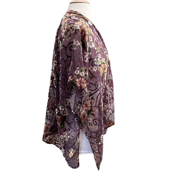 Floral Sheer Burnout Velvet‎ Purple Open Front Kimono Cardigan By Lulla OSFM - Picture 5 of 8